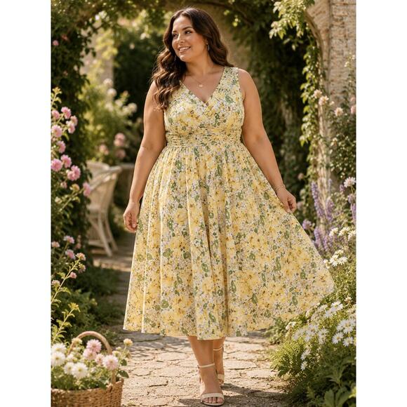 Robbie Bee Dresses & Skirts - Robbie Bee Yellow Floral Cotton Midi Dress Cottagecore Garden Party 20W